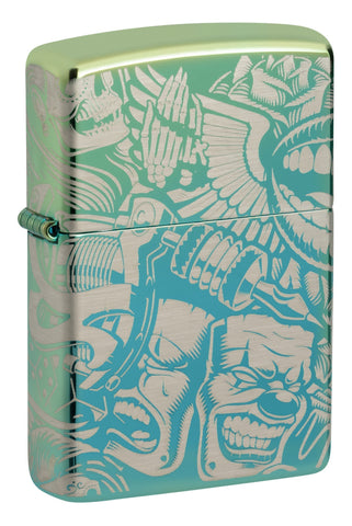 Front shot of Laser 360?? Tattoo Theme Design High Polish Teal Windproof Lighter standing at a 3/4 angle.