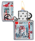 Anarchy Design Street Chrome™ Windproof Lighter with its lid open and lit.