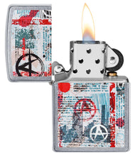 Anarchy Design Street Chrome?äó Windproof Lighter with its lid open and lit.