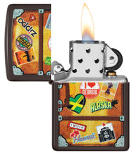 Suitcase Design Brown Windproof Lighter with its lid open and lit.