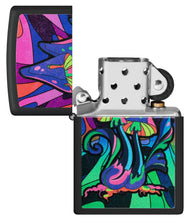 Black Light Trippy Mushroom Black Matte Windproof Lighter with its lid open and unlit.