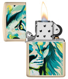 Lion Design Flat Sand Windproof Lighter with its lid open and lit.