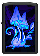 Front shot of Black Light Trippy Mushroom Black Matte Windproof Lighter, showing the black light glow.