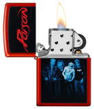 Poison Design Metallic Red Windproof Lighter with its lid open and lit.