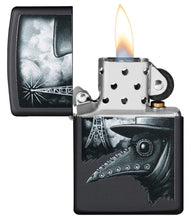 Plague of Disinformation Black Matte Windproof Lighter with its lid open and lit