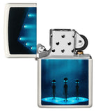 Aliens Design Glow-In-the-Dark Windproof Lighter with its lid open and unlit.