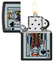 Zippo King of Spade Design Windproof Lighter with its lid open and lit.