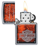 Harley-Davidson® Chromed Out Logo Street Chrome™ Windproof Lighter with its lid open and lit.
