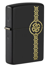 Front shot of Celtic Laser Engraved Black Matte Windproof Lighter standing at a 3/4 angle.