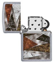 Patterns Design Street Chrome?äó Windproof Lighter with its lid open and unlit.