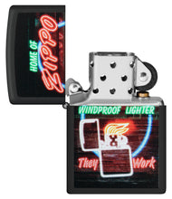 Neon Sign Design Black Matte Windproof Lighter with its lid open and unlit.