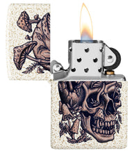 Skullshroom Design Mercury Glass Windproof Lighter with its lid open and lit.