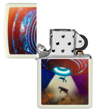 UFO Design Glow In The Dark Windproof Lighter with its lid open and unlit.