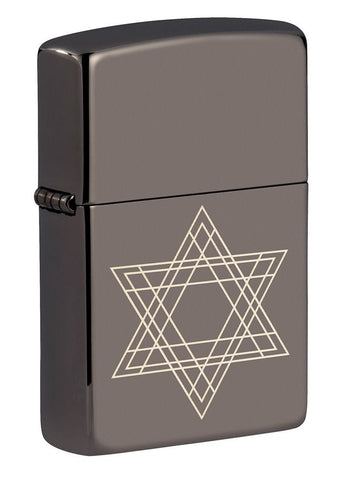 Front view of Star of David Design Black Ice?« Windproof Lighter standing at a 3/4 angle.