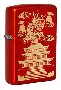 Front shot of Eastern Design Dragon Design Metallic Red Windproof Lighter standing at a 3/4 angle.