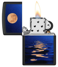 Full Moon?áDesign Black Light Black Matte Windproof Lighter with its lid open and lit.