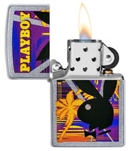 Playboy Beach Rabbit Head Street Chrome?äó Windproof Lighter with its lid open and lit.