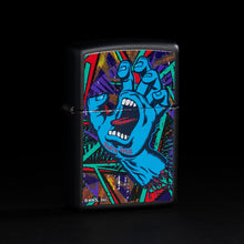 GIF of Santa Cruz Screaming Hand Black Light Black Matte Windproof Lighter switching from the black light to not light.