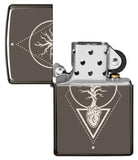 Heart Of Tree Design Black Ice® Windproof Lighter with its lid open and unlit.
