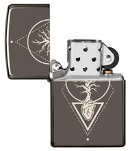 Heart Of Tree Design Black Ice?« Windproof Lighter with its lid open and unlit.