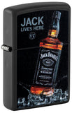 Front shot of Jack Daniel's Jack Lives Here Black Matte Windproof Lighter standing at a 3/4 angle.