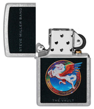 Steve Miller Band Welcome to the Vault Design Street Chrome?äó Windproof Lighter with its lid open and unlit.