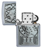 Lucky 7 Emblem Street Chrome™ Windproof Lighter with its lid open and unlit