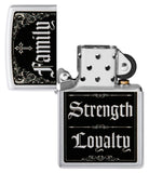 Zippo Family Strength Loyalty Design Windproof Lighter with its lid open and unlit.