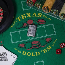 Lifestyle image of Lucky 7 Emblem Street Chrome?äó Windproof Lighter laying on a Texas Hold 'Em table with cards and poker chips