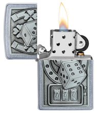 Lucky 7 Emblem Street Chrome?äó Windproof Lighter with its lid open and lit