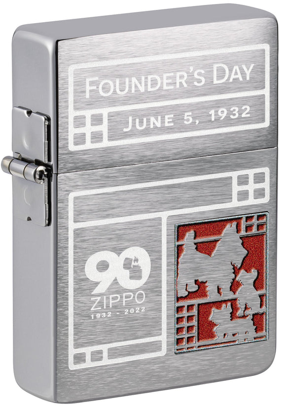 Front shot of Zippo 2022 Founder's Day Collectible Windproof Lighter standing at a 3/4 angle.