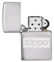 Brushed Chrome Zippo logo windproof lighter with its lid open and unlit