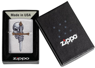 Sword Skull Design Brushed Chrome Windproof Lighter in its packaging