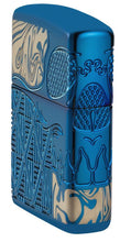 Skull Design Armor?« High Polish Blue Windproof Lighter standing at an angle, showing the front and right side of the lighter.