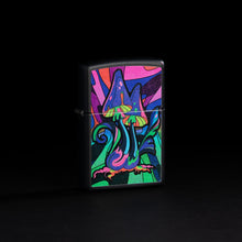 GIF of Black Light Trippy Mushroom Black Matte Windproof Lighter switching from glowing in the black light, to not glowing.