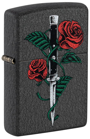 Front shot of Rose Dagger Tattoo Design Black Crackle?« Windproof Lighter standing at a 3/4 angle.