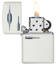 Retro Fridge Texture Print White Matte Windproof Lighter with its lid open and lit.