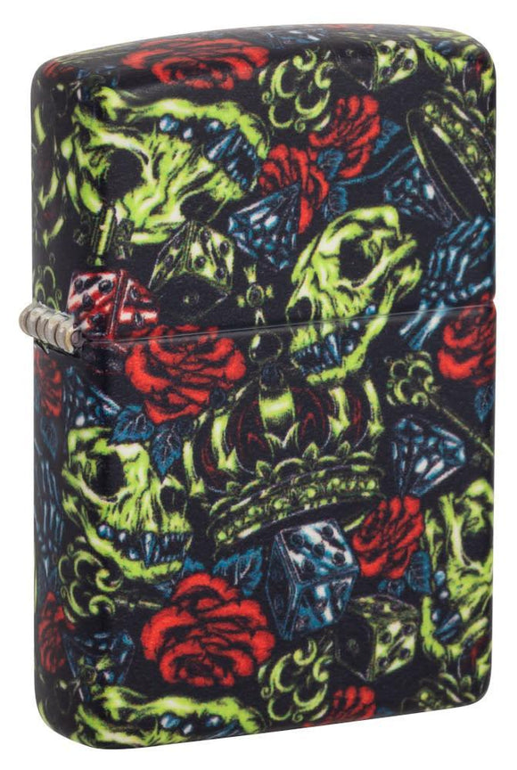 Front shot of Skull Crown Glow-In-The-Dark 540 Color Windproof Lighter standing at 3/4 angle.