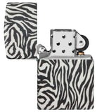 Zebra Print Design 540 Color Windproof Lighter with its lid open and unlit.