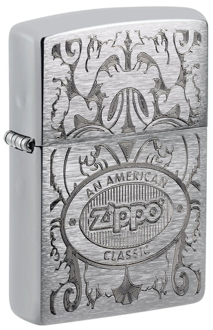 Front shot of Zippo American Classic Windproof Lighter standing at a 3/4 angle.