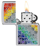 Fusion Pattern Design High Polish Chrome Windproof Lighter with its lid open and lit.