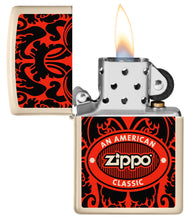 Zippo American Classic Windproof Lighter with its lid open and lit.