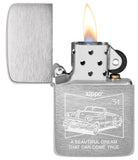 Zippo 50s Car 1941 Replica Brushed Chrome Design with its lid open and lit.