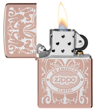 Zippo American Classic Windproof Lighter with its lid open and lit.