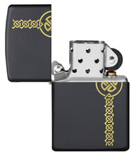 Celtic Laser Engraved Black Matte Windproof Lighter with its lid open and unlit.