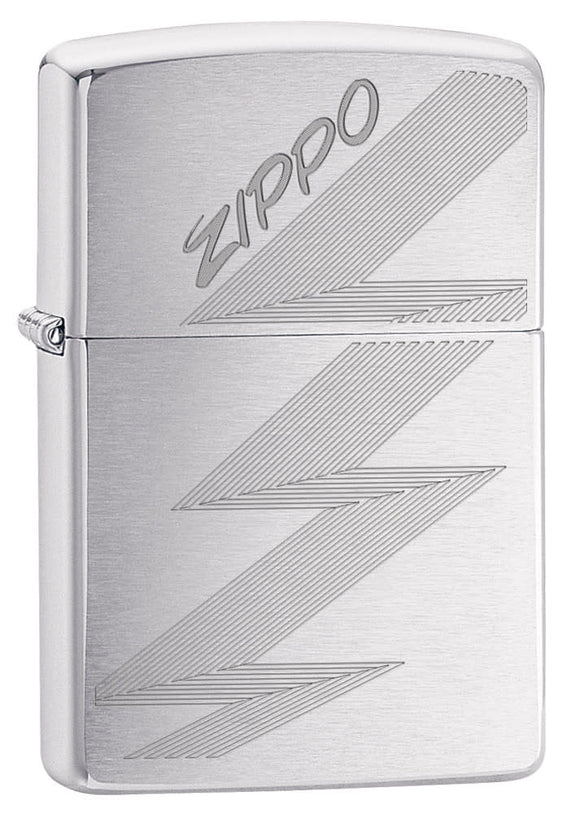 Front shot of Zippo Logo Brushed Chrome Design standing at a 3/4 angle.