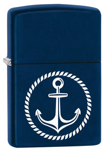 Front shot of Zippo Nautical Design Navy Matte Windproof Pocket Lighter standing at a 3/4 angle.