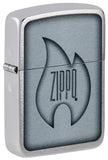 Front shot of Zippo Logo Flame Design 1941 Replica Brushed Chrome Windproof Lighter standing at a 3/4 angle
