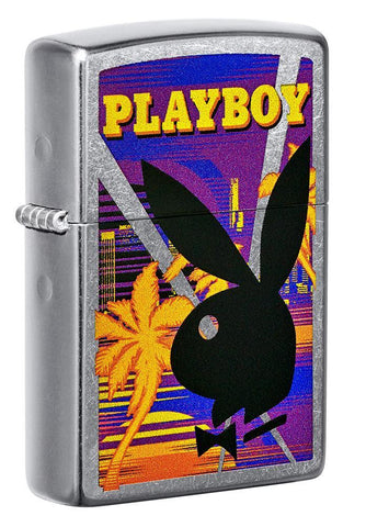 Front shot of Playboy Beach Rabbit Head Street Chrome?äó Windproof Lighter standing at a 3/4 angle.