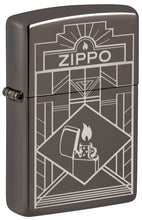 Front shot of Zippo Art Deco Design Black Ice?« Windproof Lighter standing at a 3/4 angle